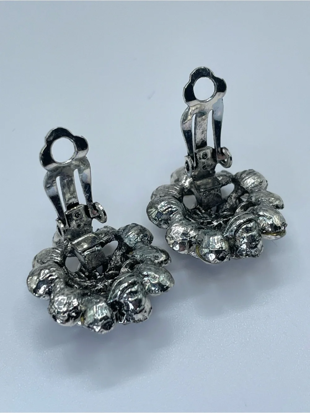 Silver Tone White Crystal Glass Rhinestone Floral Clip On Statement Earrings